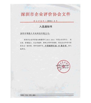 Shenzhen Top Ten Enterprise Evaluation Certificate